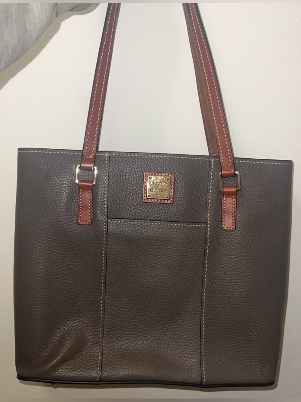 Dooney & Bourke Dark Brown Pebbled Leather Tote with Tan Straps